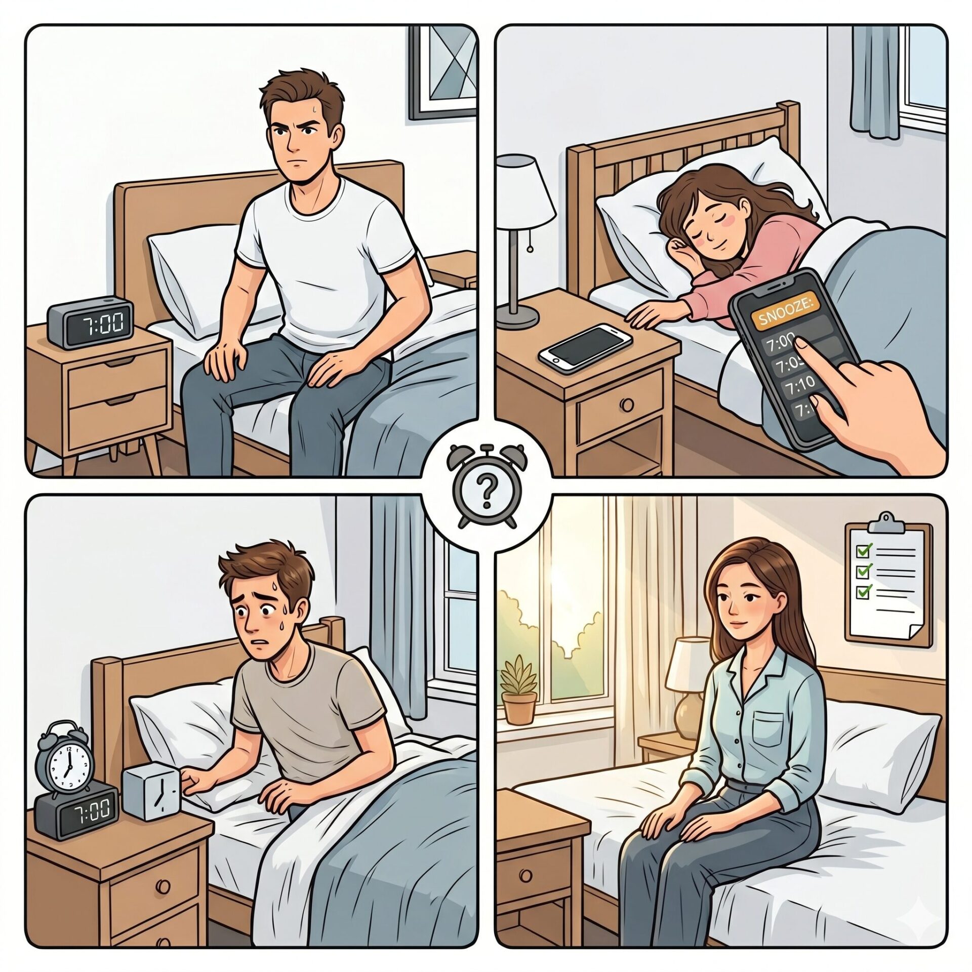 Man sits on the edge of a bed in a bedroom, looking frustrated as a 7:00 alarm clock glows on the nightstand beside him.