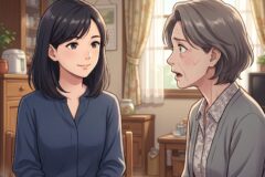 Two women sit at a wooden table indoors, sharing a calm conversation over tea and colorful sweets. The younger woman smiles warmly while the older woman looks surprised.