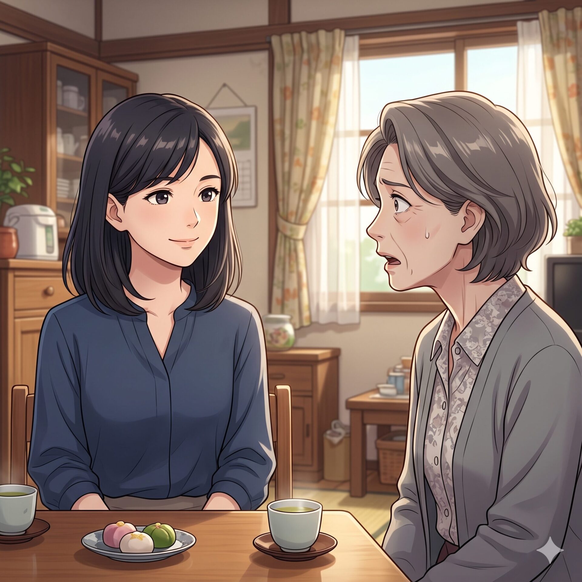 Two women sit at a wooden table indoors, sharing a calm conversation over tea and colorful sweets. The younger woman smiles warmly while the older woman looks surprised.