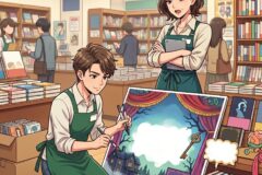 Two young artists in green aprons kneel and paint a large fantasy scene on a canvas inside a busy bookstore.