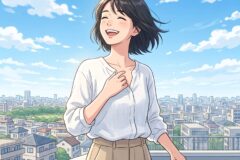 Woman on a rooftop smiling with wind-blown hair, holding a smartphone.