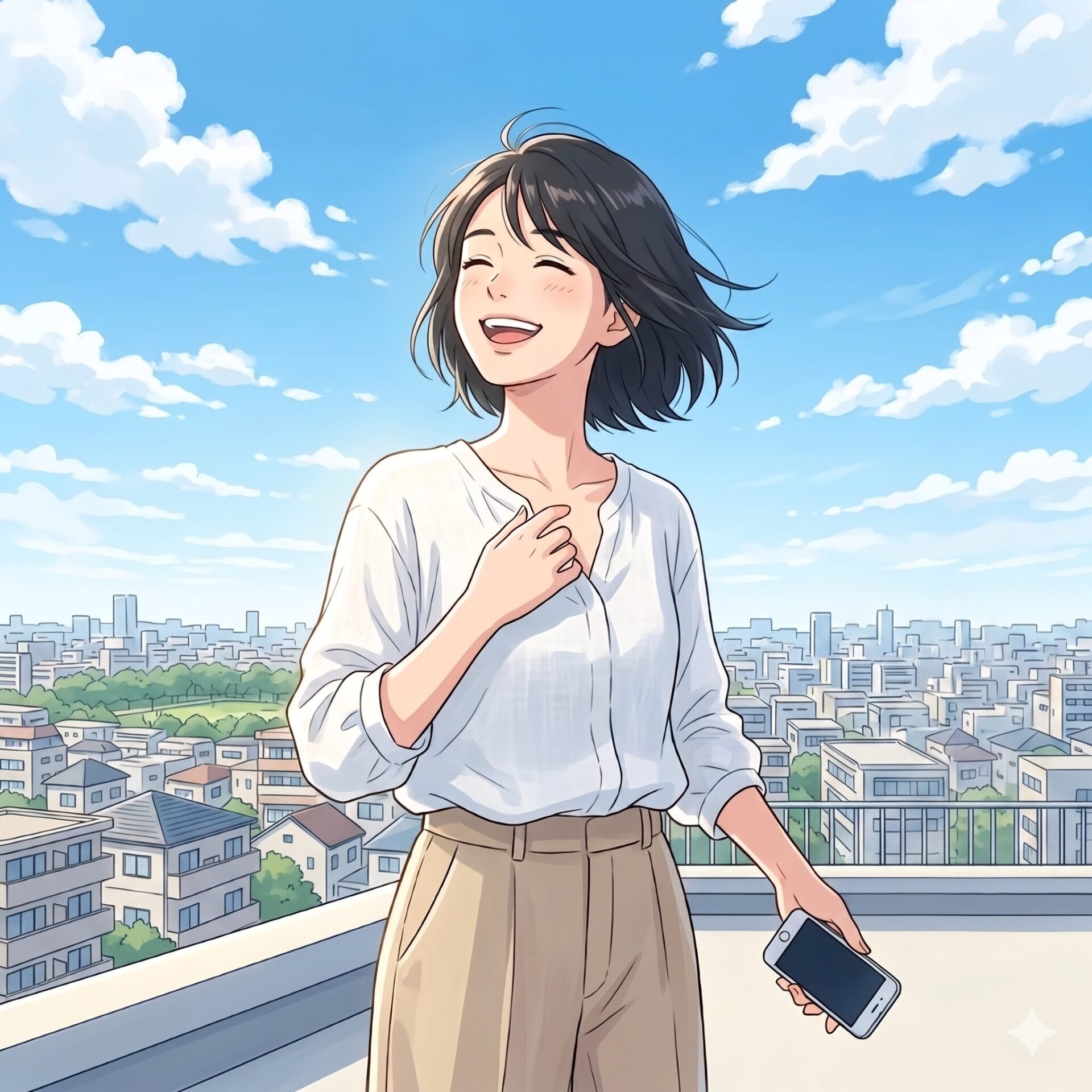 Woman on a rooftop smiling with wind-blown hair, holding a smartphone.