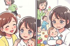 Split-panel cartoon: left shows a smiling mother holding a baby and another child nearby; right shows a stressed, tearful mother with a crying baby among toys.