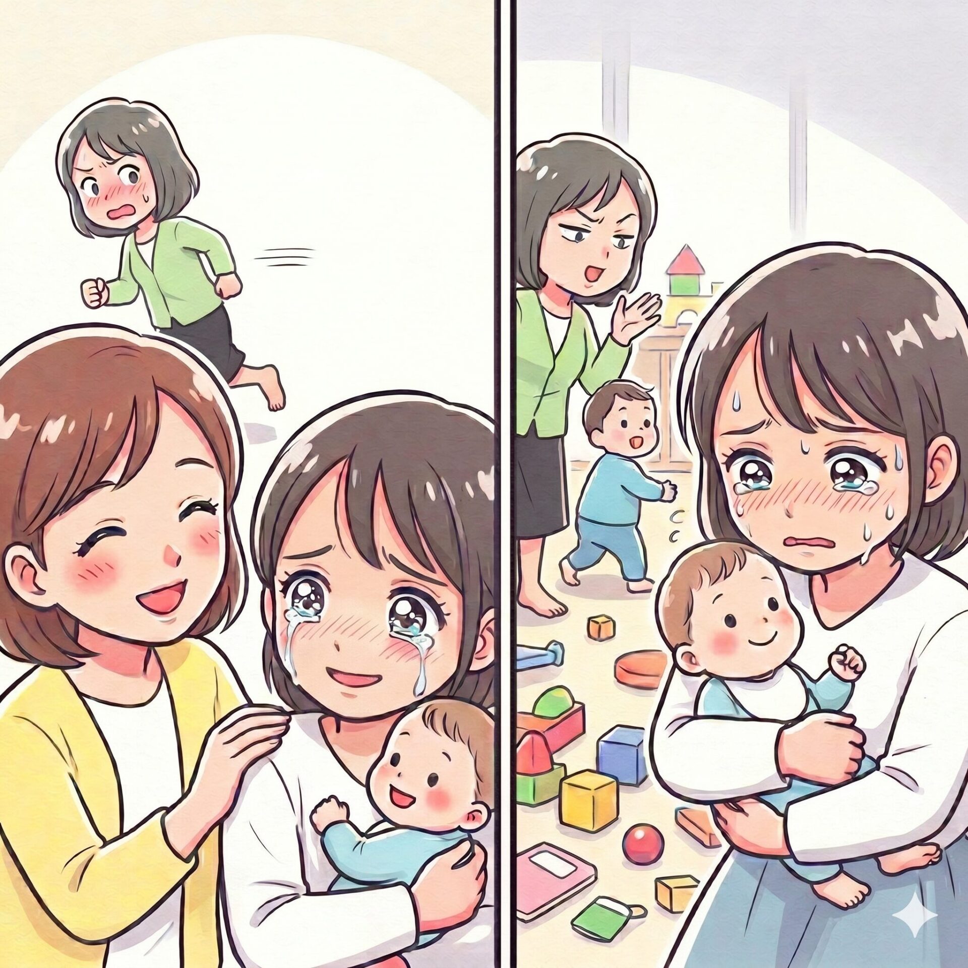 Split-panel cartoon: left shows a smiling mother holding a baby and another child nearby; right shows a stressed, tearful mother with a crying baby among toys.