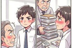 In a two-panel school scene, students look worried as an anxious older man holds a tall stack of papers and folders nearby.