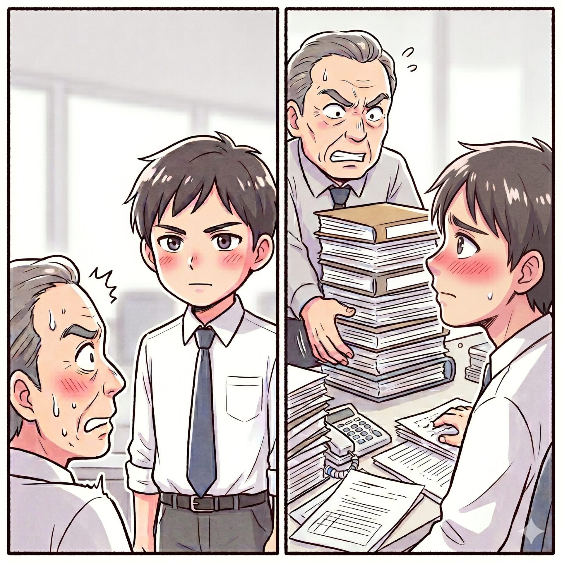 In a two-panel school scene, students look worried as an anxious older man holds a tall stack of papers and folders nearby.