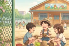Three kids sit in a sandbox building sandcastles with buckets and shovels on a sunny school playground.