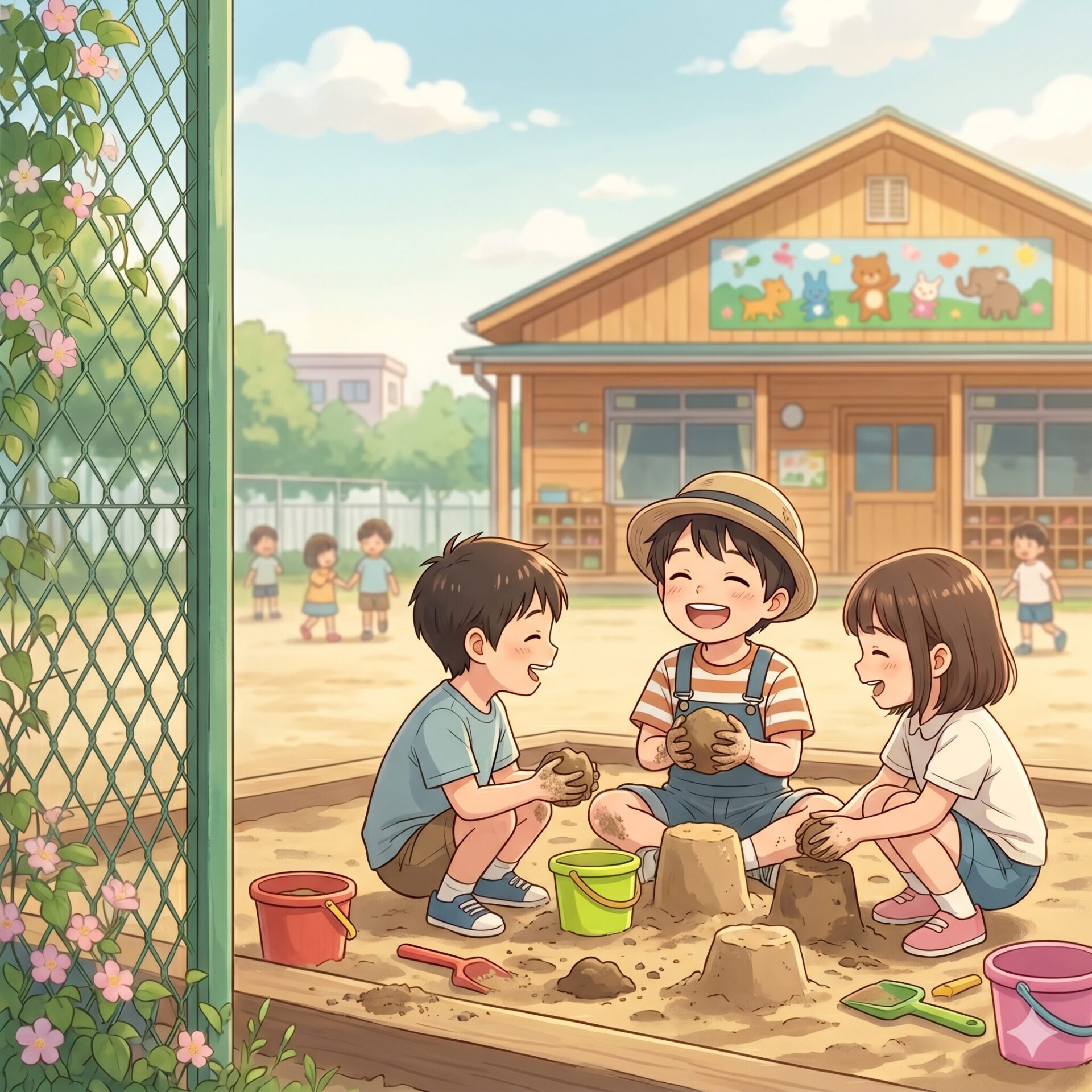 Three kids sit in a sandbox building sandcastles with buckets and shovels on a sunny school playground.