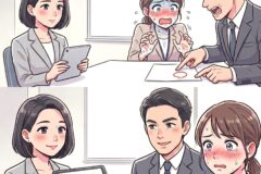 Two-panel office scene: in the top panel, a man in a suit yells at a distressed woman; another woman sits calmly with a tablet. In the bottom panel, the same woman presents charts on a tablet to a relieved man and a crying woman in business attire.