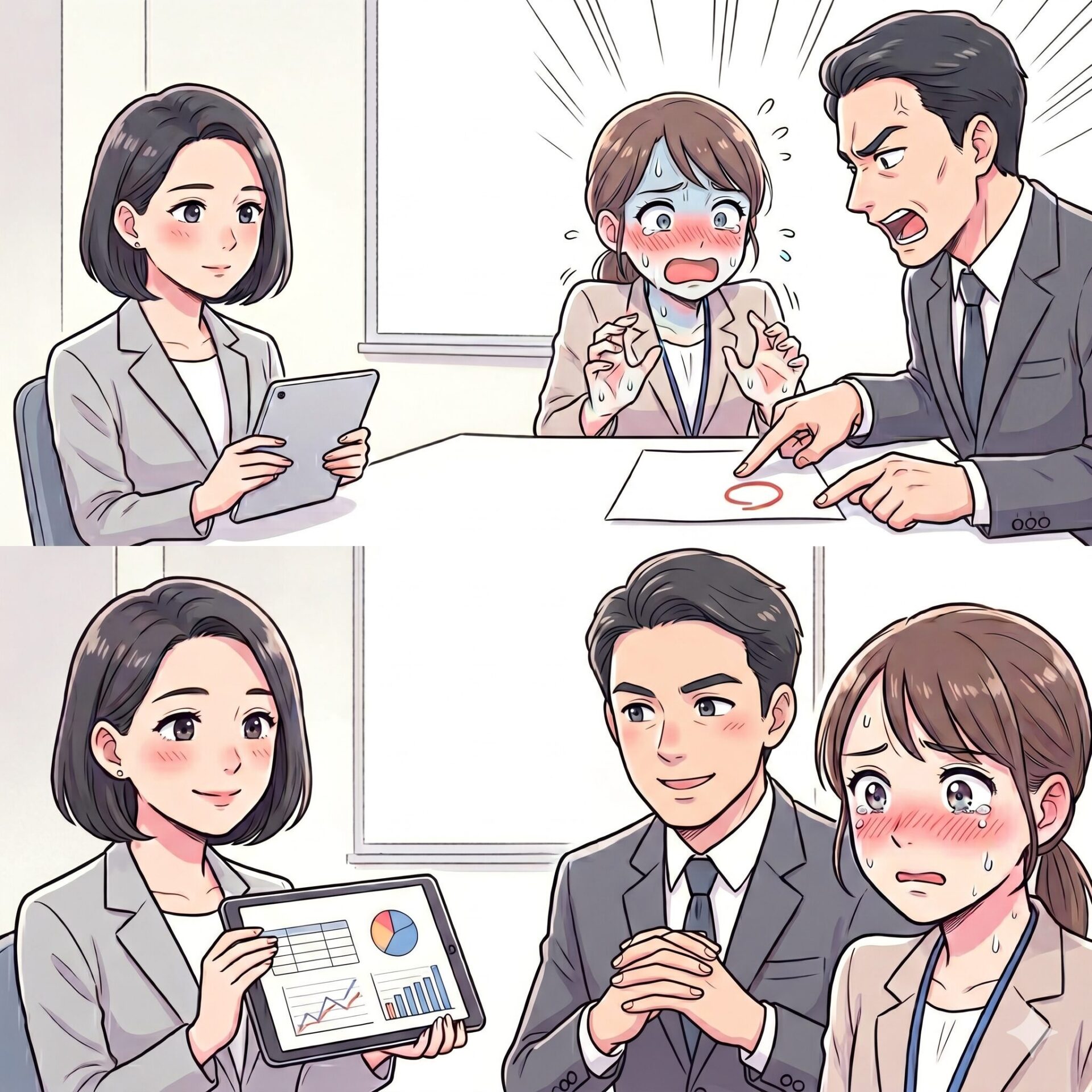 Two-panel office scene: in the top panel, a man in a suit yells at a distressed woman; another woman sits calmly with a tablet. In the bottom panel, the same woman presents charts on a tablet to a relieved man and a crying woman in business attire.
