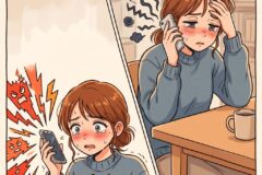 A worried woman on a phone, blushing and clutching her chest, indoors at a table.