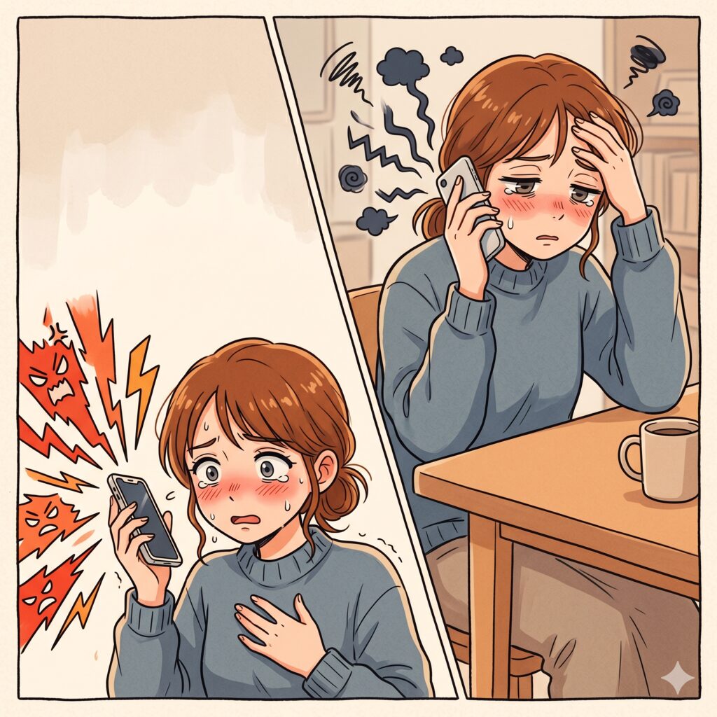 A worried woman on a phone, blushing and clutching her chest, indoors at a table.