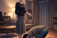 A somber woman in a dark knit sweater stands in a softly lit living room while a man kneels on the wooden floor, head bowed, near a coffee table and couch, suggesting a tense moment.