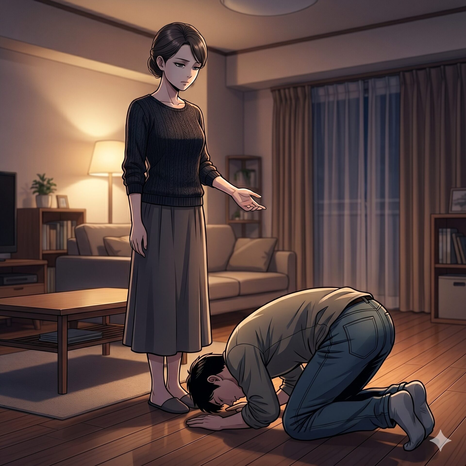 A somber woman in a dark knit sweater stands in a softly lit living room while a man kneels on the wooden floor, head bowed, near a coffee table and couch, suggesting a tense moment.