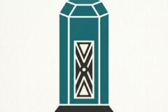 Teal geometric crystal obelisk on a black pedestal, with a decorative white-and-black central panel.