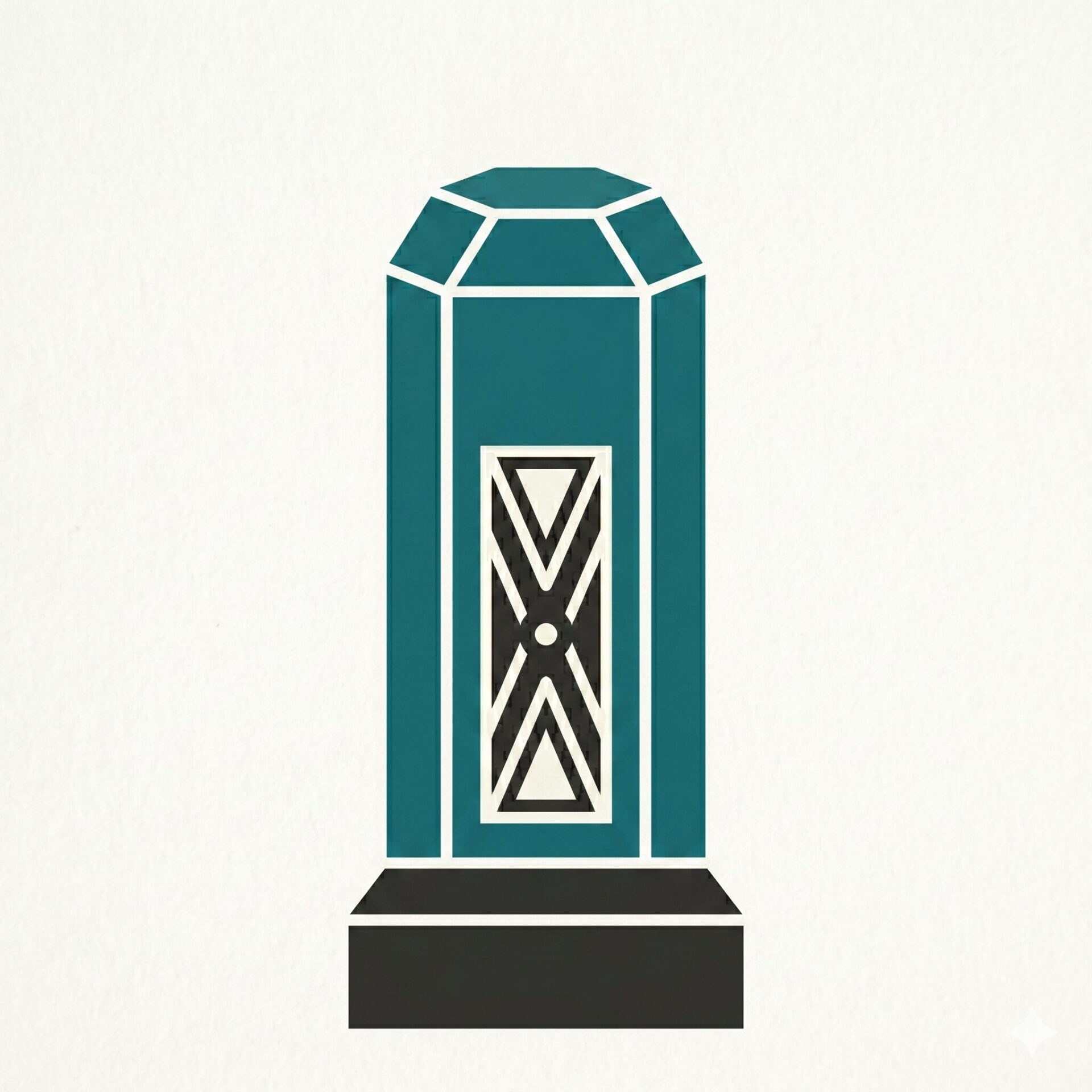 Teal geometric crystal obelisk on a black pedestal, with a decorative white-and-black central panel.