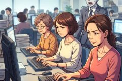 Open-plan office; three women at desks typing on keyboards, stacks of paper nearby, and a shocked man standing behind them.