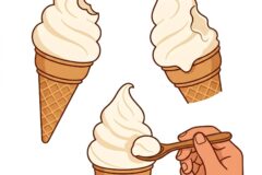 Three vanilla soft-serve ice cream cones; two held up in the air, one being scooped by hands.