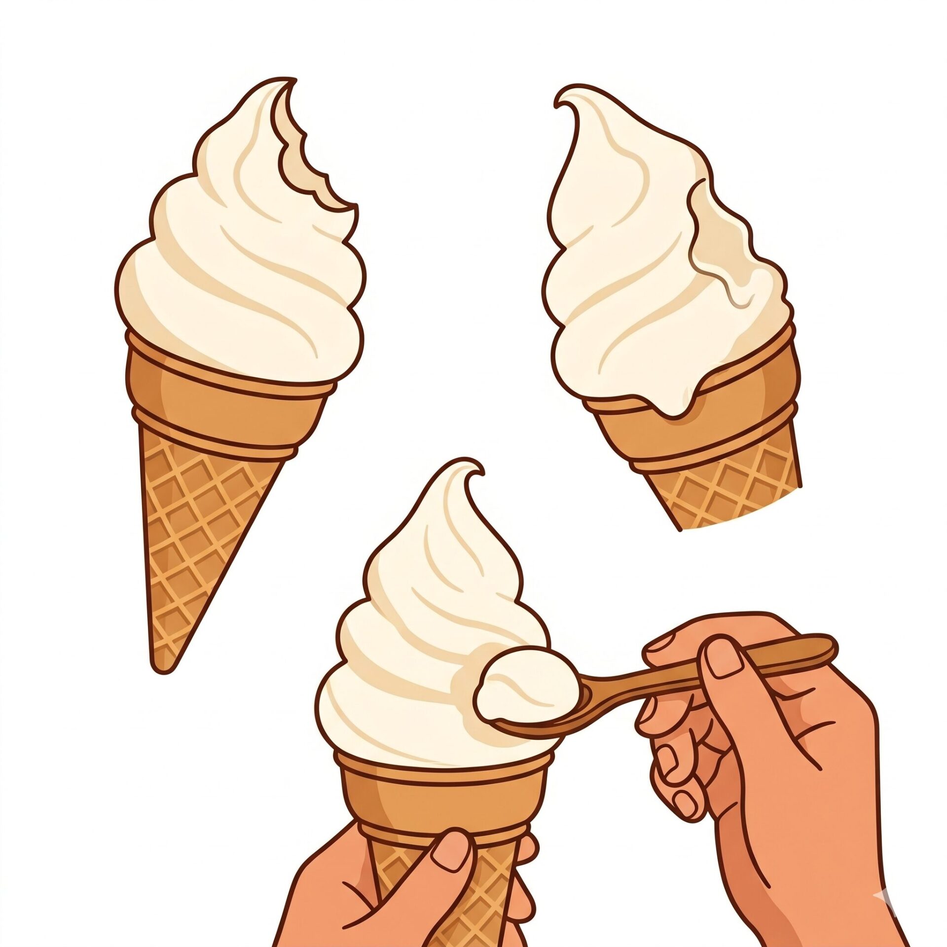 Three vanilla soft-serve ice cream cones; two held up in the air, one being scooped by hands.