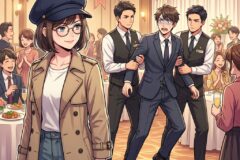 Woman in a tan trench coat and cap walks through a formal banquet hall as two staff restrain a man in a blue suit, while guests cheer in the background.