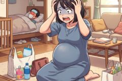 Pregnant woman in a blue dress sits on the floor with hands on her head, surrounded by groceries and baby supplies as her sick partner rests in bed in the background.