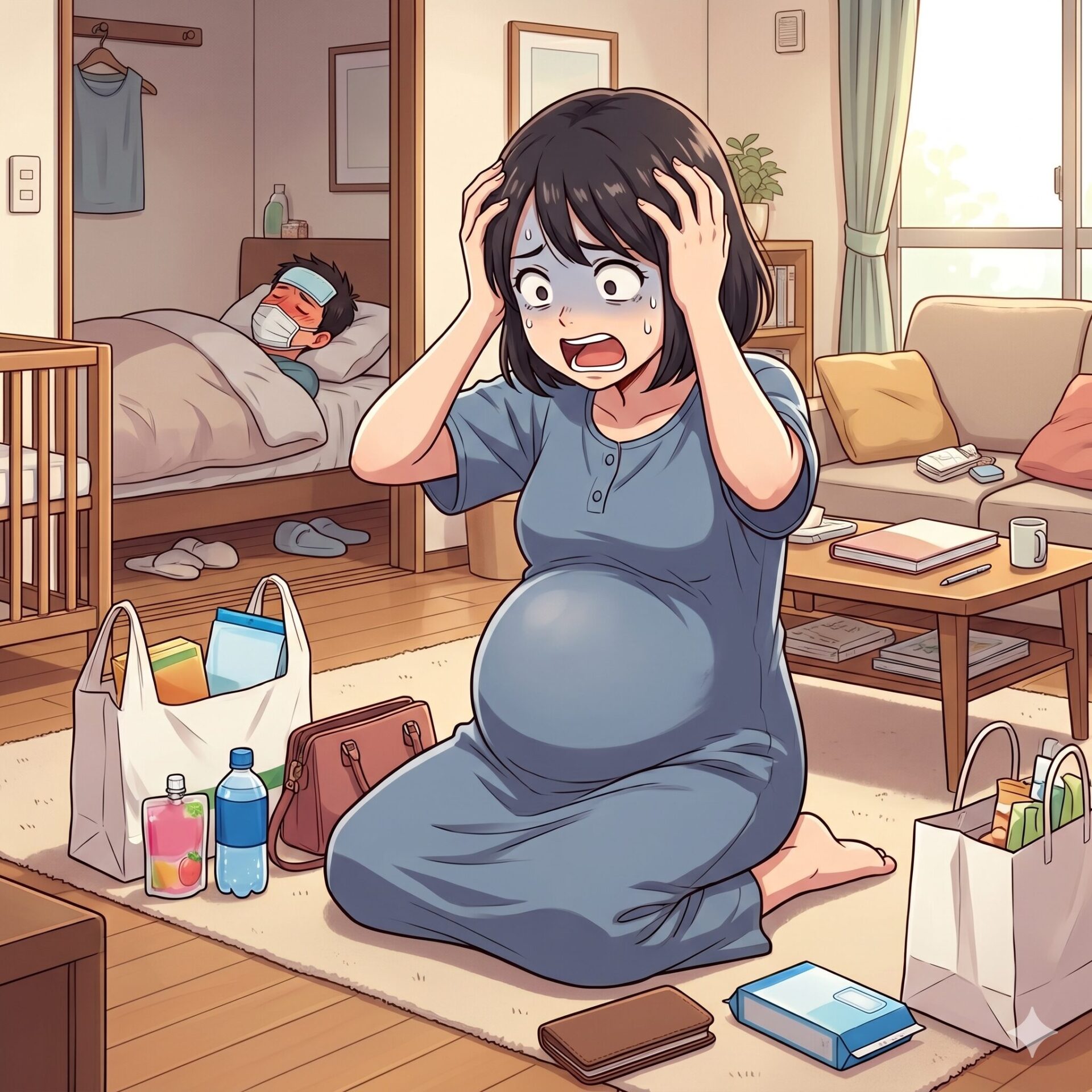 Pregnant woman in a blue dress sits on the floor with hands on her head, surrounded by groceries and baby supplies as her sick partner rests in bed in the background.