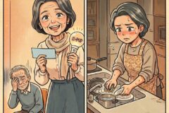 Two-panel illustration of a grandmother: left, she smiles holding a card and a K-Pop microphone; right, she looks stressed washing dishes.