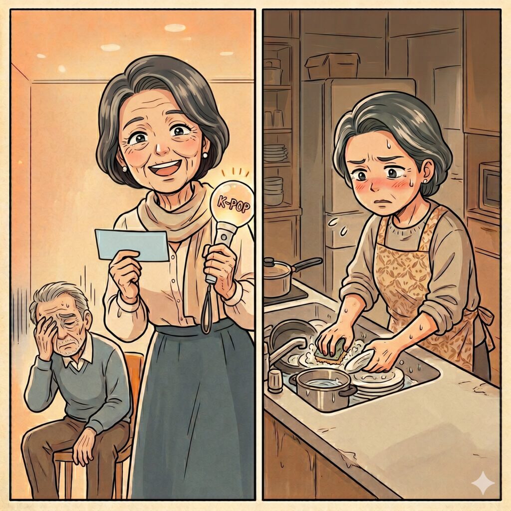 Two-panel illustration of a grandmother: left, she smiles holding a card and a K-Pop microphone; right, she looks stressed washing dishes.