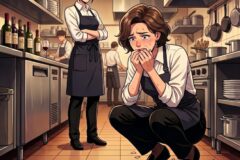 Crying kitchen worker kneels on the floor amid scattered glass shards while a supervisor stands with arms crossed and a stern expression in a busy restaurant kitchen.