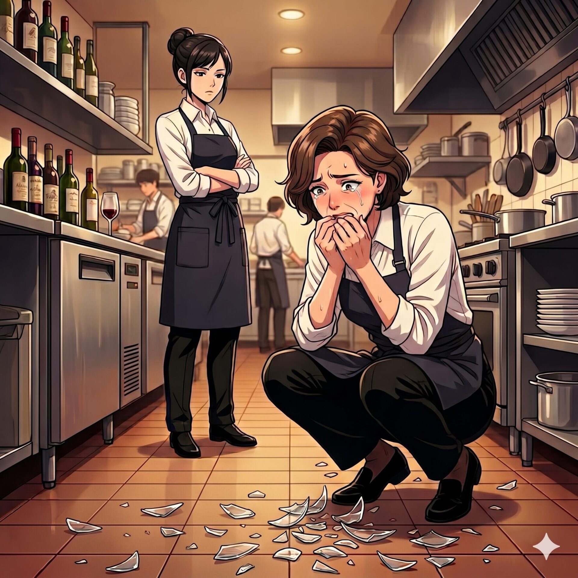 Crying kitchen worker kneels on the floor amid scattered glass shards while a supervisor stands with arms crossed and a stern expression in a busy restaurant kitchen.
