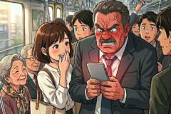Angry man in a business suit grips a smartphone on a crowded train, surrounded by shocked and curious passengers.