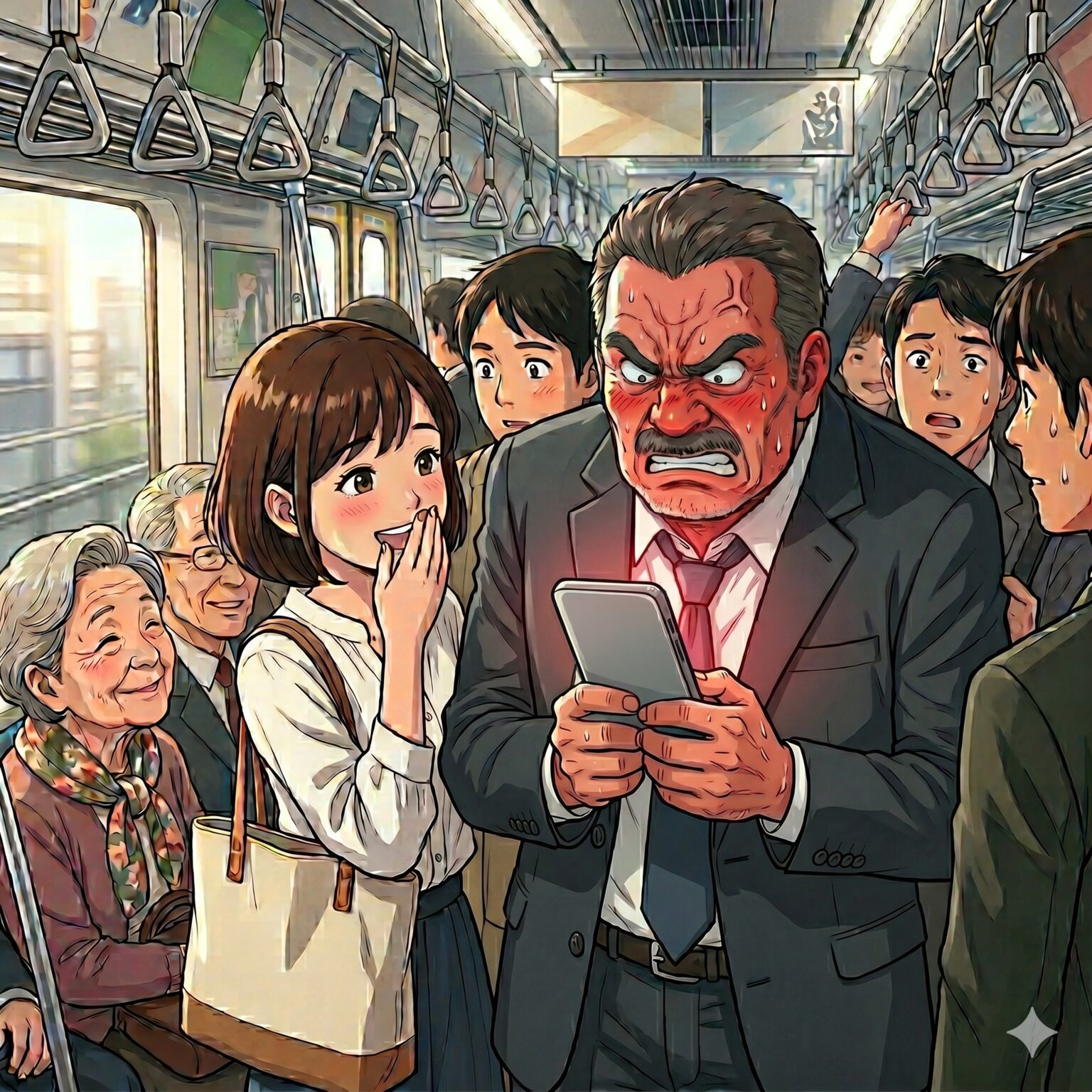 Angry man in a business suit grips a smartphone on a crowded train, surrounded by shocked and curious passengers.
