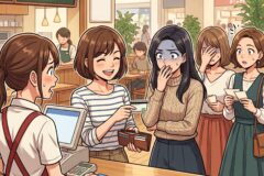 People at a cafe checkout: a cashier at a wooden counter uses a card reader while customers pay with phones and cards, chatting and waiting in line.