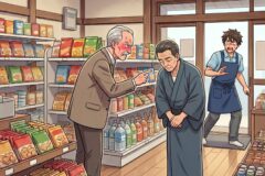 An angry older man in a suit points at a bowing elderly man in a kimono inside a grocery store, while a startled shop assistant looks on from the doorway.
