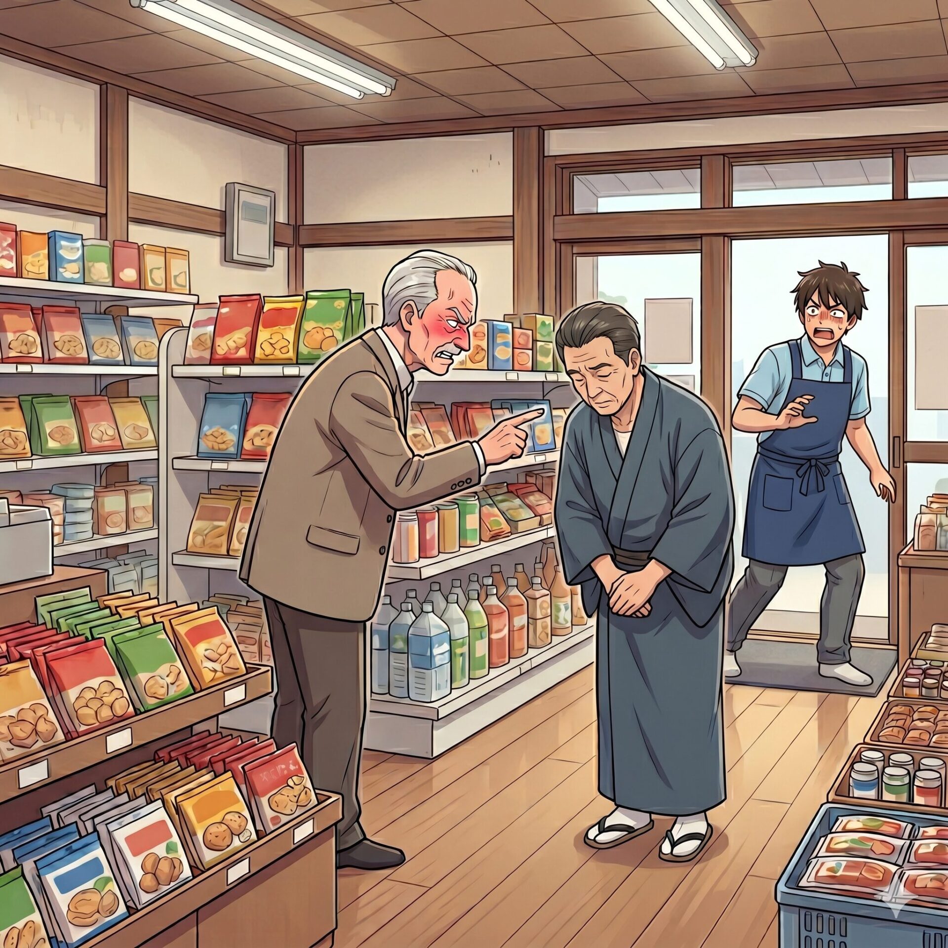An angry older man in a suit points at a bowing elderly man in a kimono inside a grocery store, while a startled shop assistant looks on from the doorway.