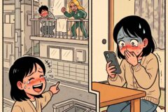 Two-panel comic: On the left, a distressed boy and a furious girl on a balcony argue; the girl clenches her fist while the boy wipes away tears. On the right, a girl sits at a desk indoors, sweating and blushing as she looks at her phone.