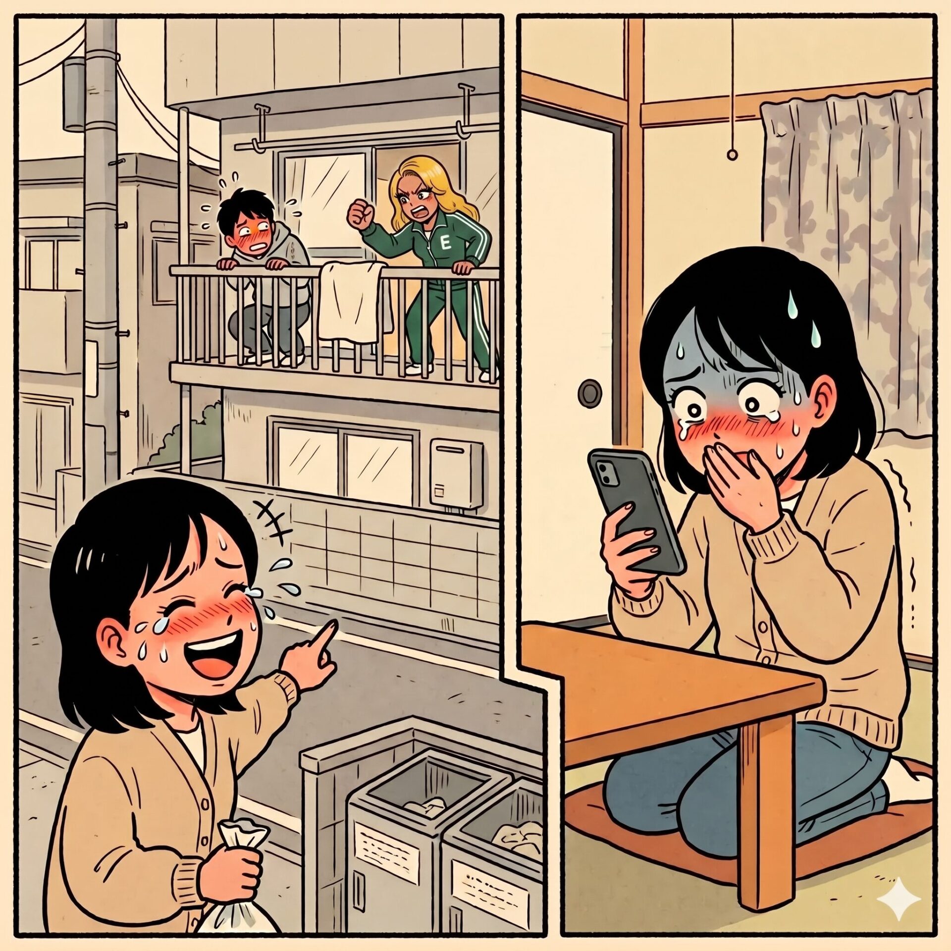 Two-panel comic: On the left, a distressed boy and a furious girl on a balcony argue; the girl clenches her fist while the boy wipes away tears. On the right, a girl sits at a desk indoors, sweating and blushing as she looks at her phone.