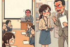 Office meeting: a man at a podium presenting to a surprised group around a conference table with a blank projector screen behind him