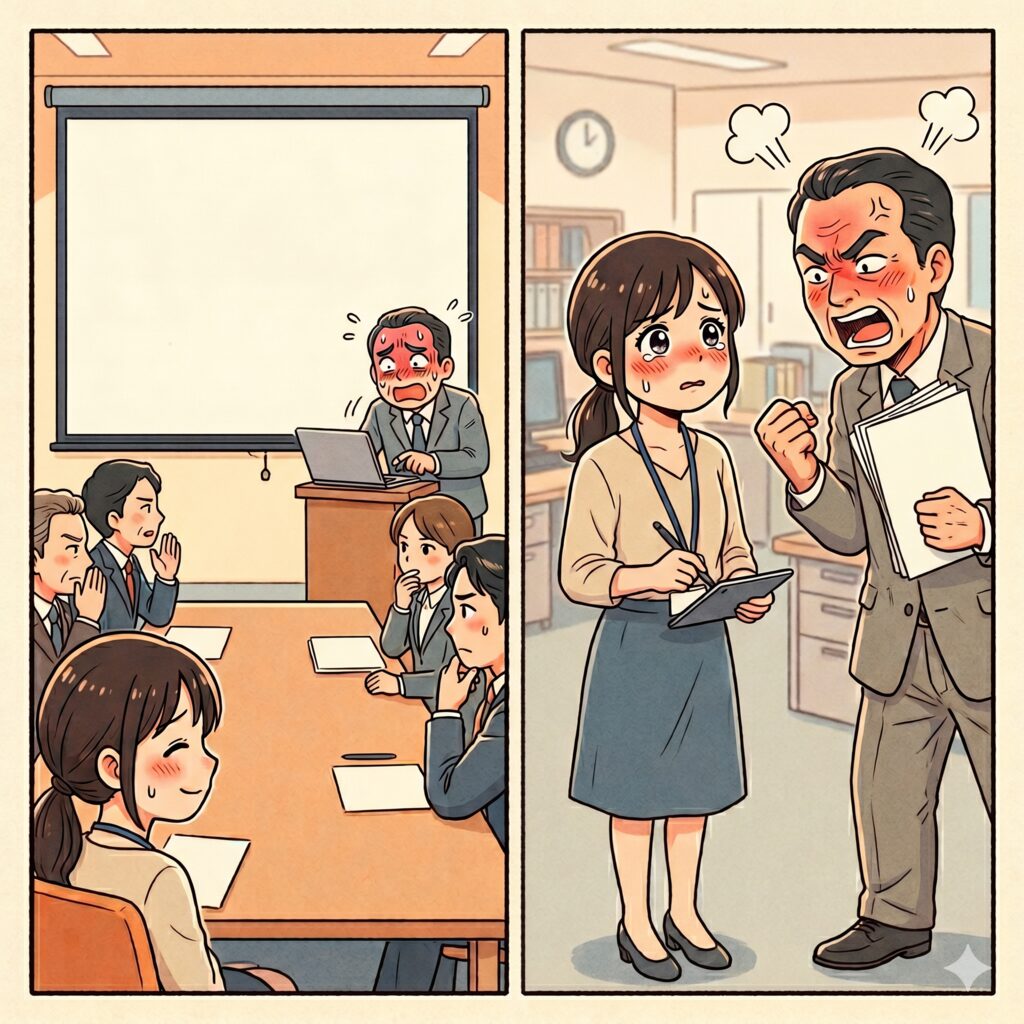 Office meeting: a man at a podium presenting to a surprised group around a conference table with a blank projector screen behind him