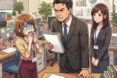 Angry manager confronts a frightened employee in a busy office while a coworker watches nearby.