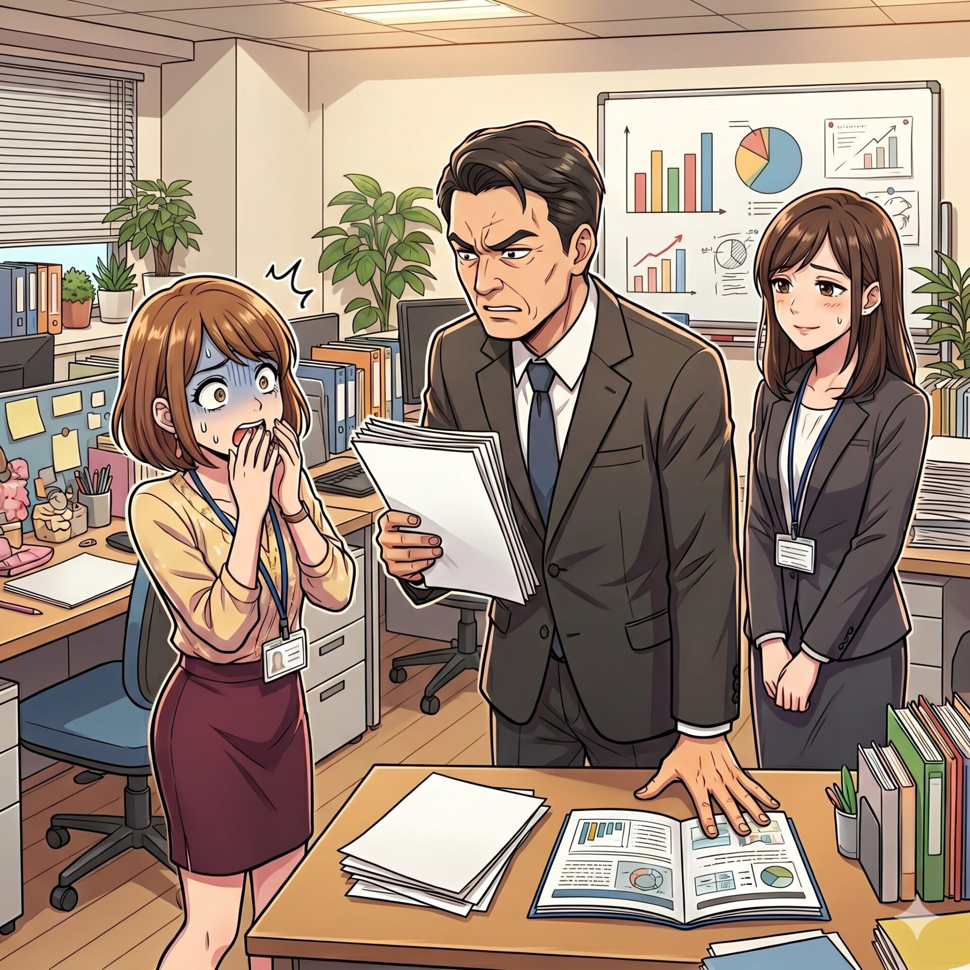 Angry manager confronts a frightened employee in a busy office while a coworker watches nearby.