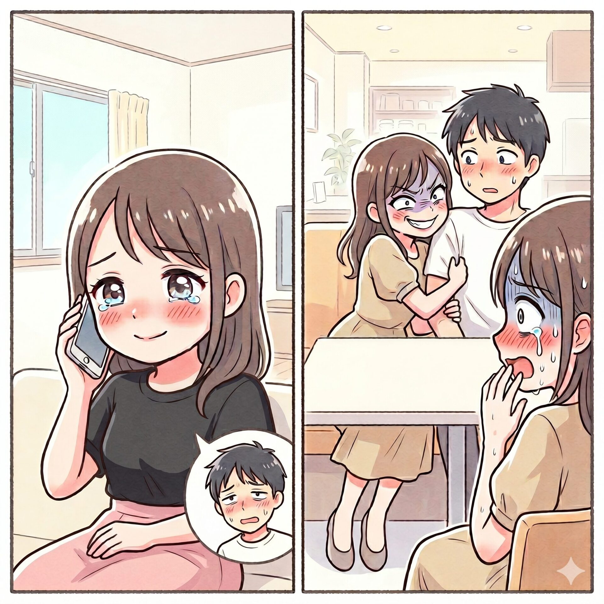 Close-up of a girl talking on a cellphone, cheeks flushed in a bright room.