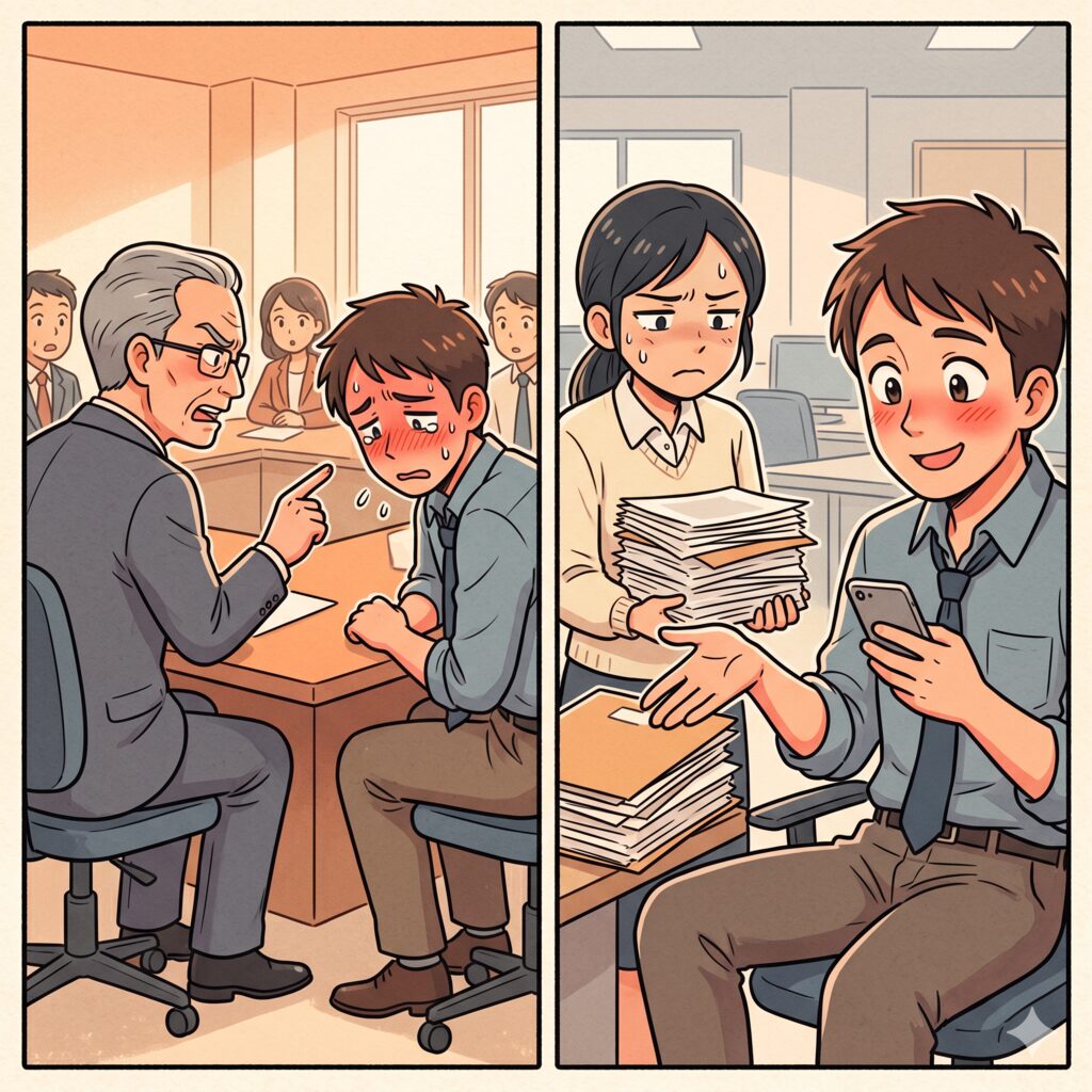 Two-panel office scene: left shows a boss scolding a nervous young man at a desk as coworkers look on; right shows a cheerful colleague handing him a tall stack of papers while he glances at his phone.
