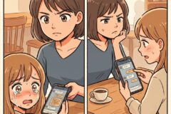 Comic panel: a crying girl at a cafe, while another woman with a stern expression holds a smartphone displaying chat messages nearby.