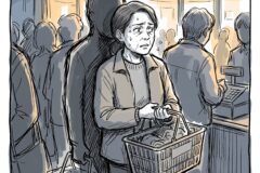 An anxious woman in a crowded supermarket holds a shopping basket, sweat on her face as others queue at checkout.