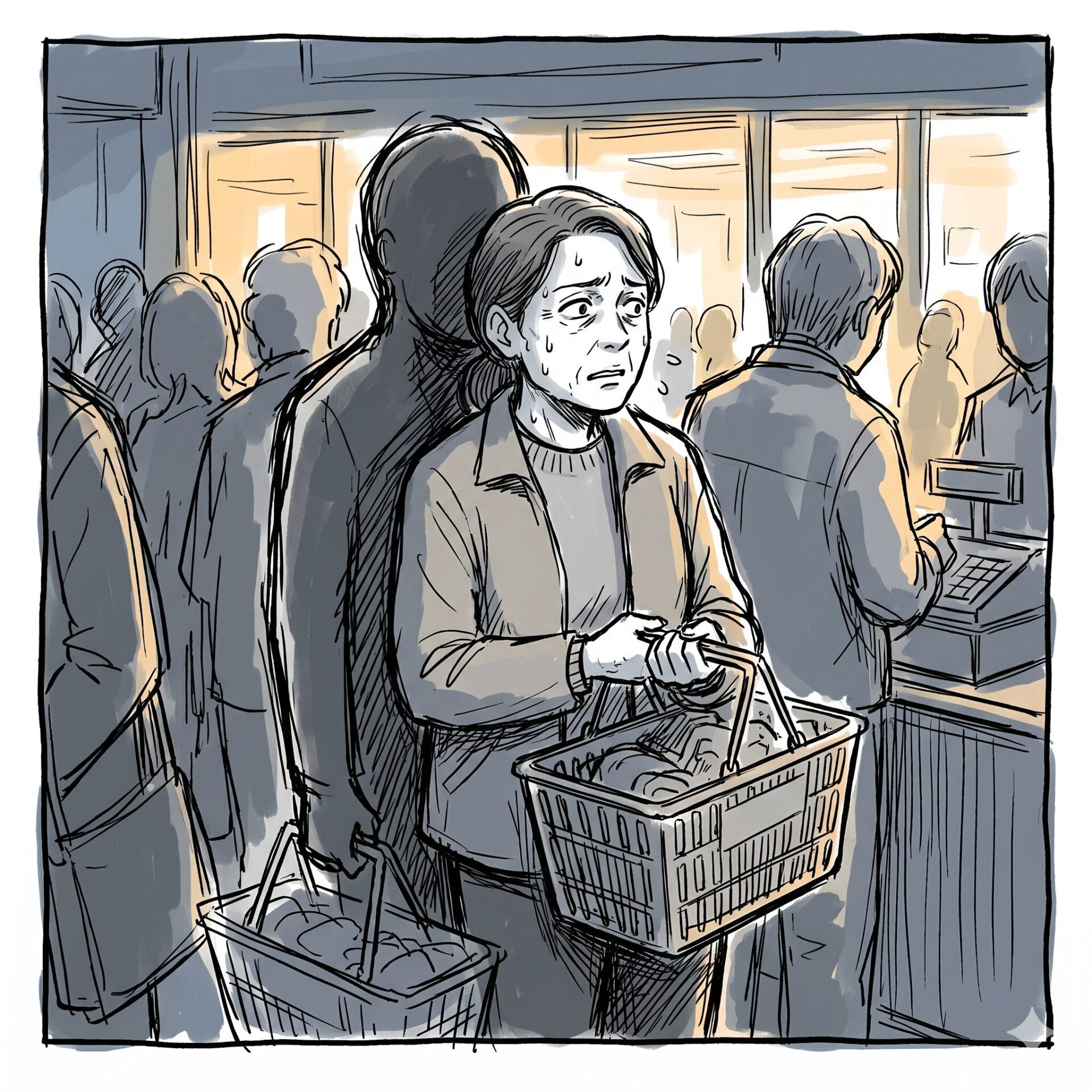 An anxious woman in a crowded supermarket holds a shopping basket, sweat on her face as others queue at checkout.
