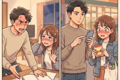 In a living room, a dark-haired man angrily points at a map and open notebooks on a table as a brown-haired woman looks upset and blushes, covering her face with one hand.