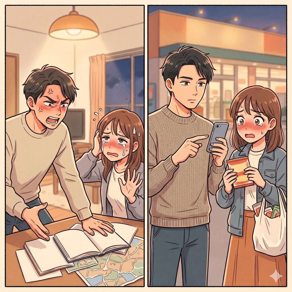 In a living room, a dark-haired man angrily points at a map and open notebooks on a table as a brown-haired woman looks upset and blushes, covering her face with one hand.