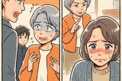 Two-panel comic: left shows a man shouting at an anxious older woman while a worried boy looks on; right panel shows an angry older woman pointing as a younger woman cries and blushes.