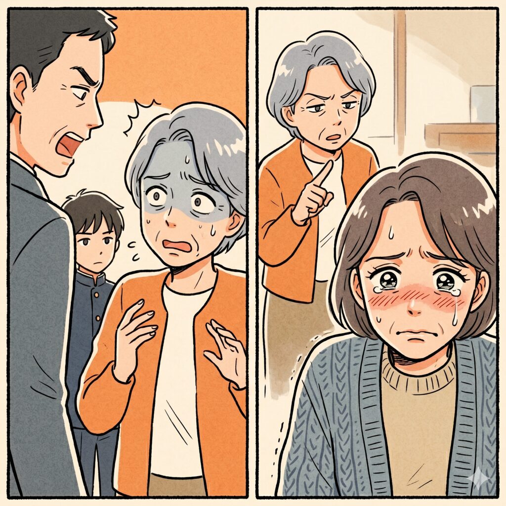 Two-panel comic: left shows a man shouting at an anxious older woman while a worried boy looks on; right panel shows an angry older woman pointing as a younger woman cries and blushes.